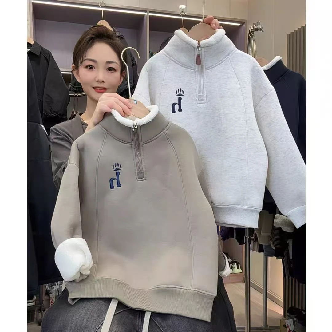 加绒加厚半高领拉链刺绣男童加绒卫衣冬季中大童男孩保暖上衣