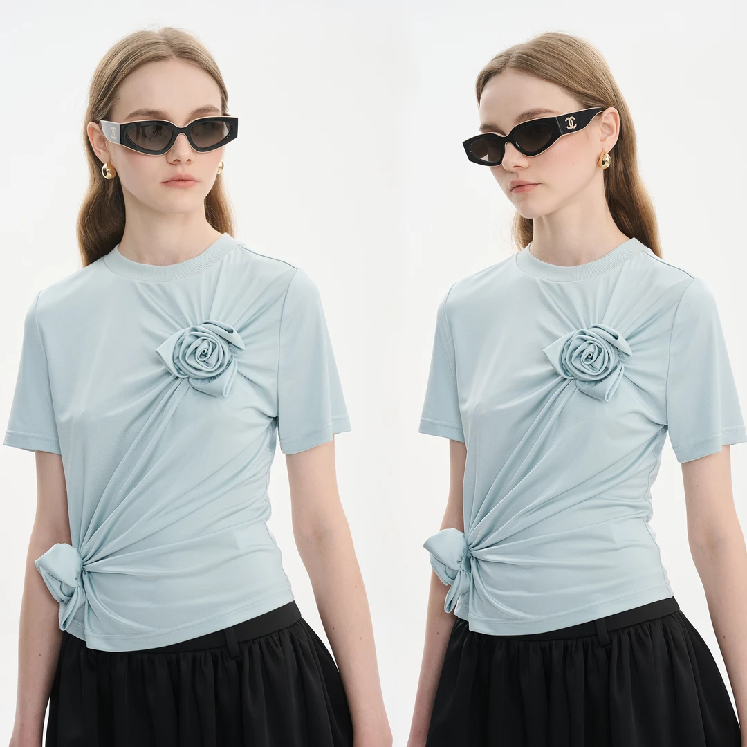 YIMAIMAI伊麦麦醋酸针织氛围感紧身辣妹小众夏日玫瑰多色T恤