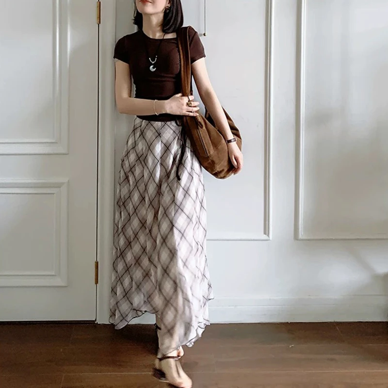 【mimius】L 简约百搭修身短袖T恤+飘逸格纹半身裙 G04401