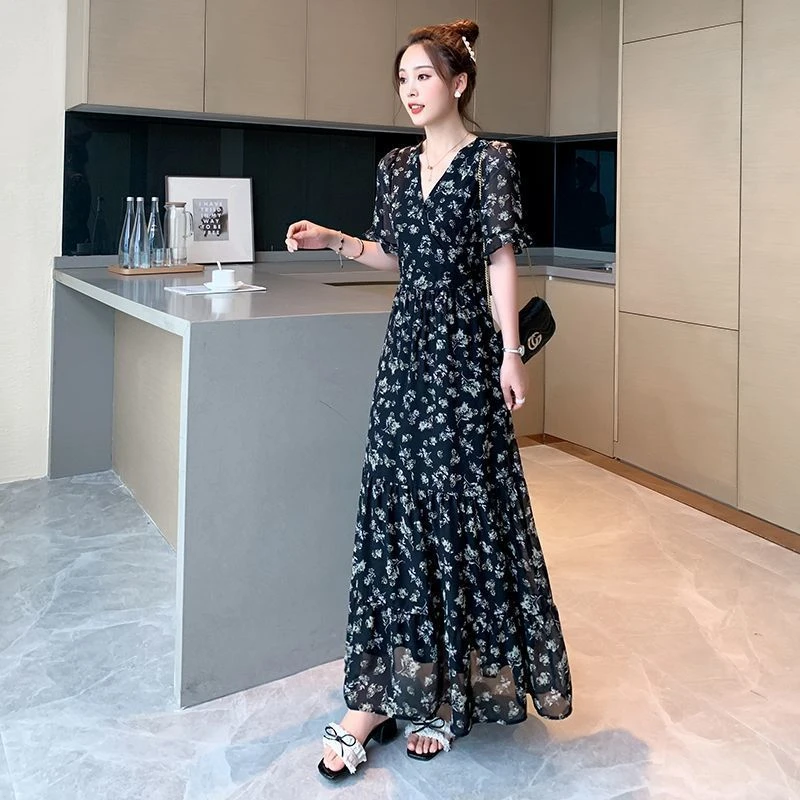 【2网红爆款】雪纺碎花连衣裙2025新款夏天森系法式桔梗脚踝长裙显