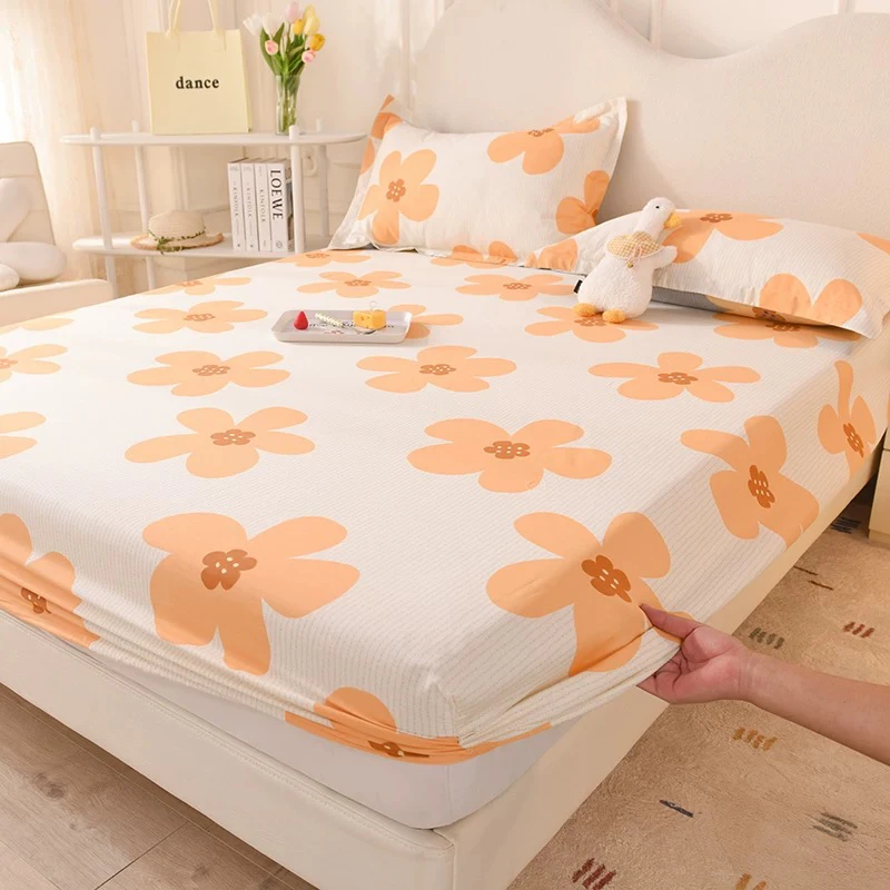 小华约180*200白底黄花加厚磨毛床笠三件套