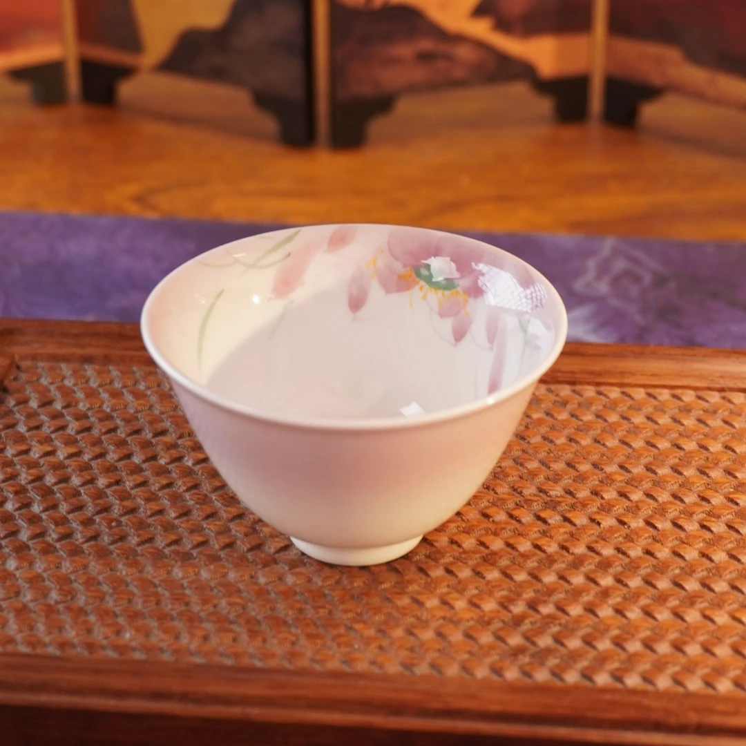 【手绘荷花主人杯】家用陶瓷纯手工手绘斗笠杯品茗杯女士小清新