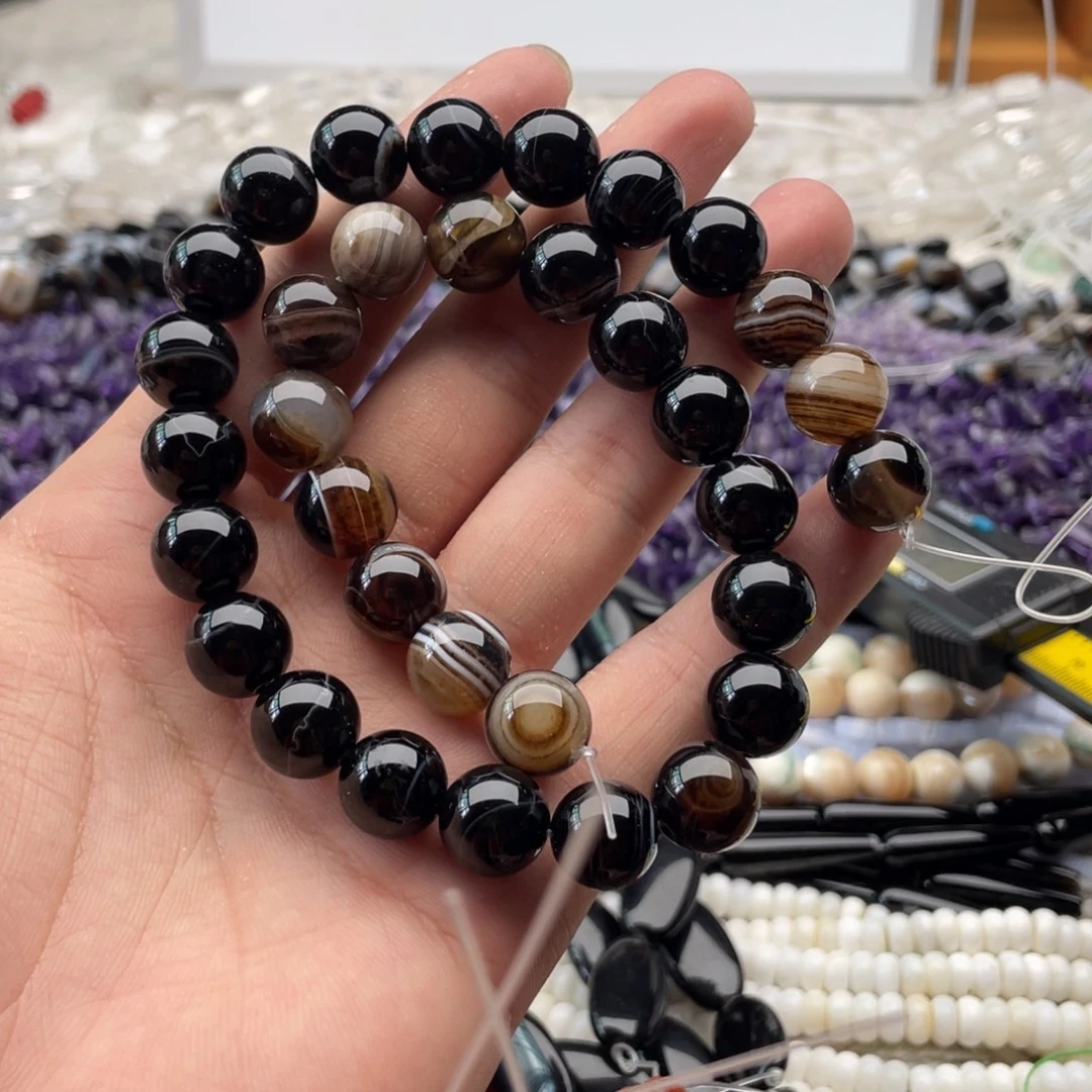 玛瑙/玉髓合金珠宝半成品一条装卡12mm咖啡玛瑙➕黑玛瑙圆珠