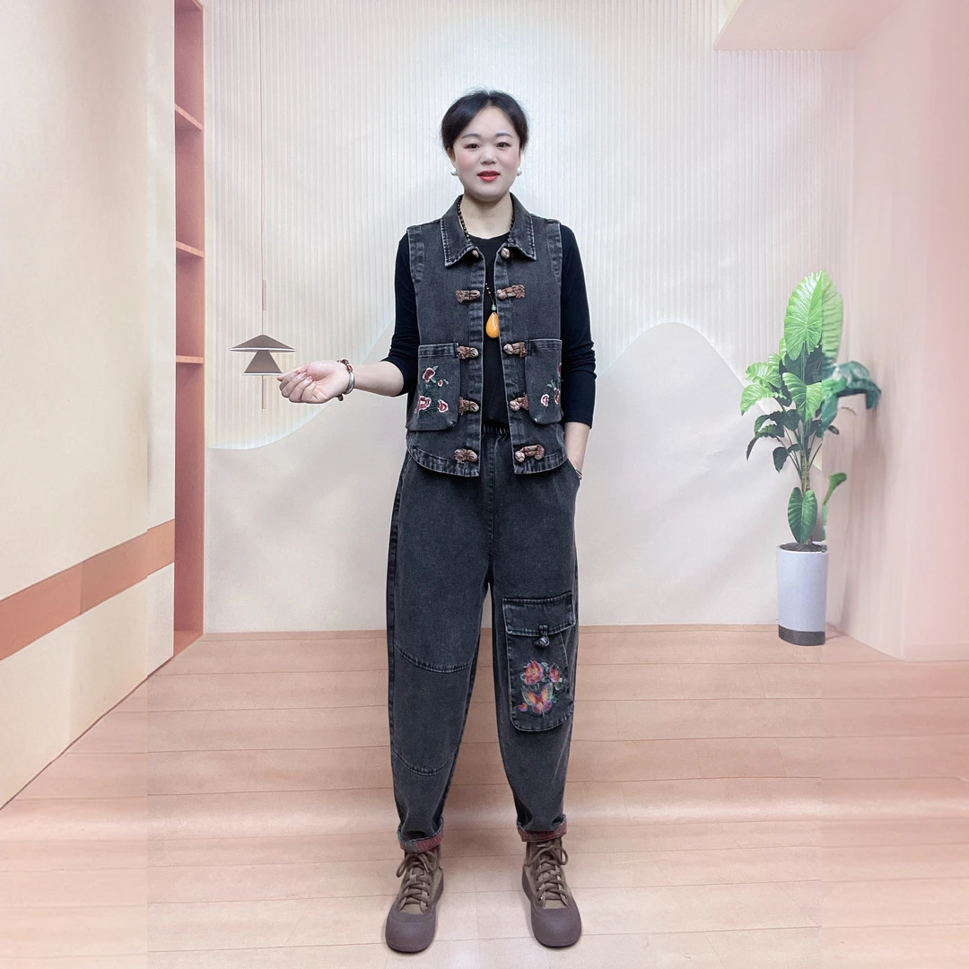 2025春季时尚刺绣牛仔马甲春秋两件套洋气显瘦老爹裤宽松牛仔套装