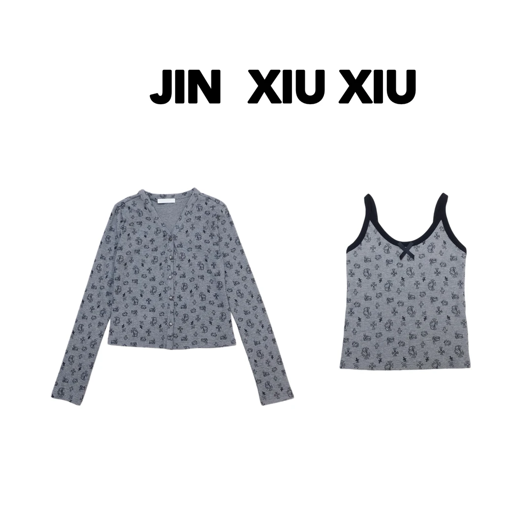 JINXIUXIU  春夏新款V领韩系甜美开衫+吊带背心套装951