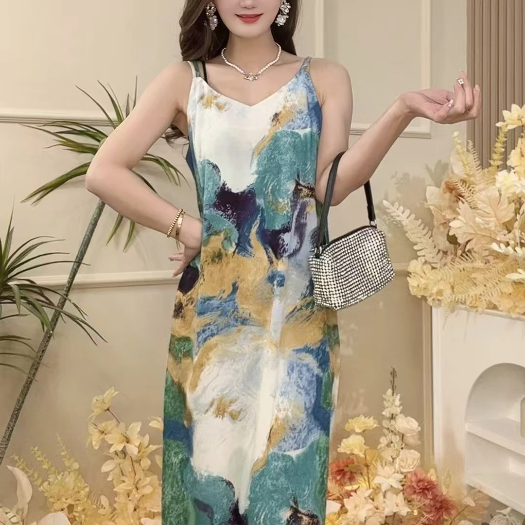 2025新款长裙吊带显瘦不褪色印花连衣裙无袖中长款时尚碎花睡裙
