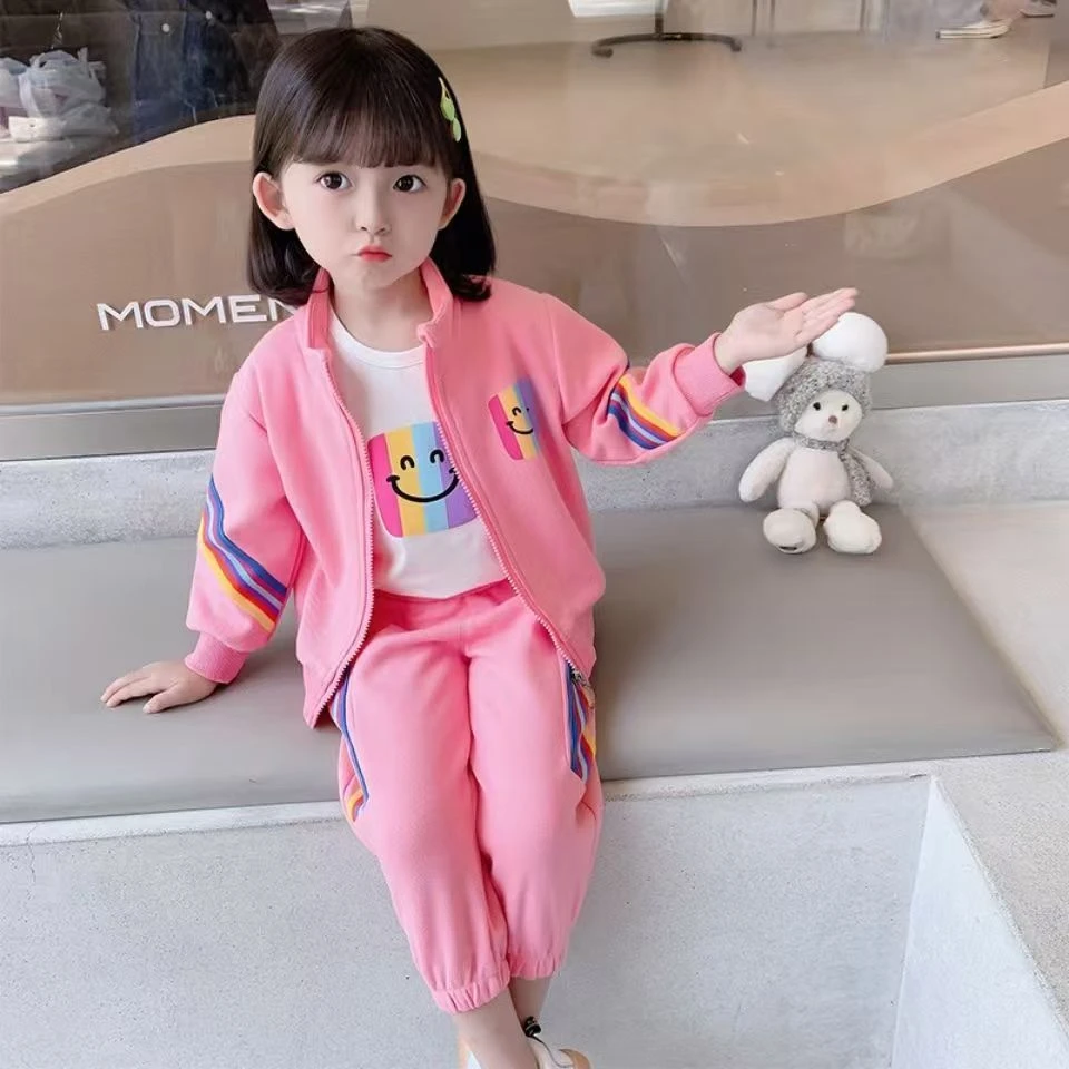 春秋儿童套装宝宝时尚百搭女童休闲彩虹笑脸韩版新款2025洋气两件