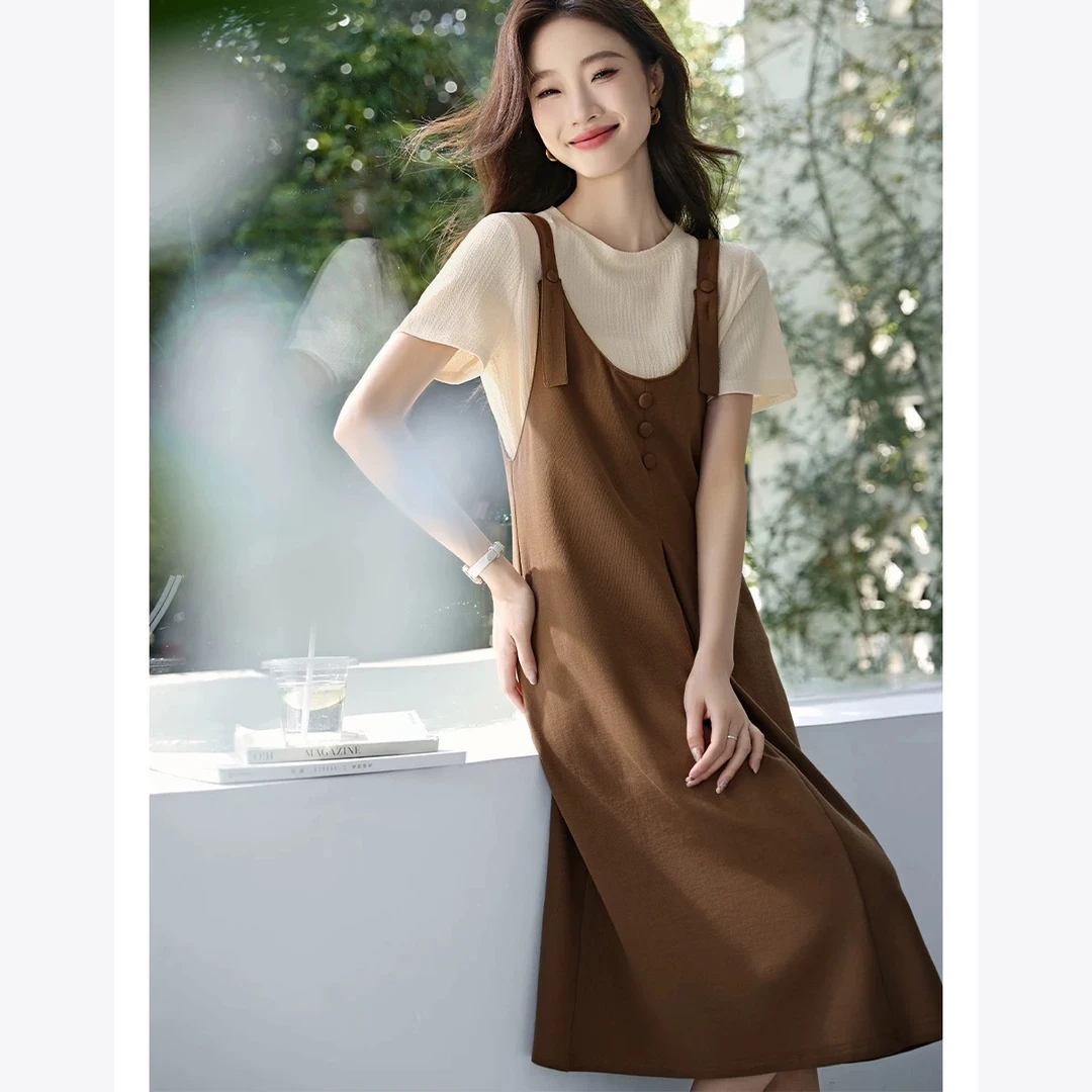 休闲宽松压褶显瘦设计感套装2025夏季新款白T背带裙套装气质洋气