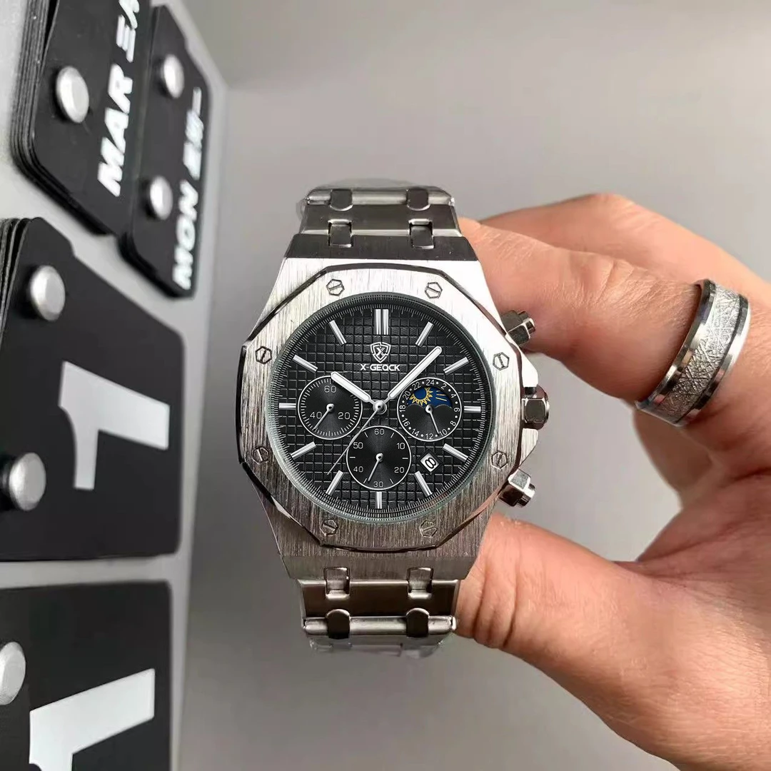 复古方形手表男款时尚多功能运动个性钢带高级感橡树夜光石英手表