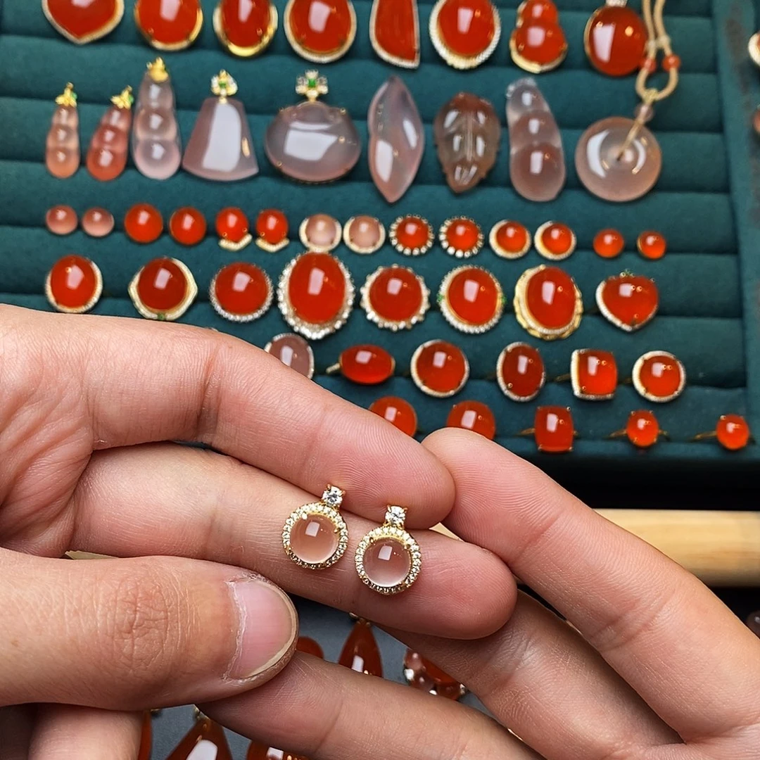 南红玛瑙银S925镶嵌耳饰