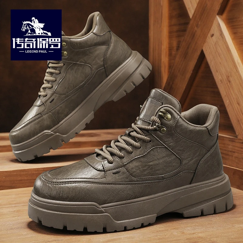 传奇保罗男士软底马丁靴2025秋季新款高帮厚底增高防滑耐磨工装靴