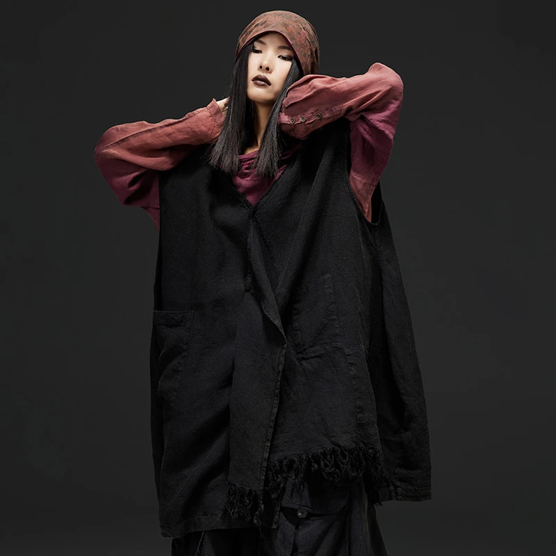 麻依者25春款亚麻休闲不规则中长款V领流苏宽松大砍马甲#M-048