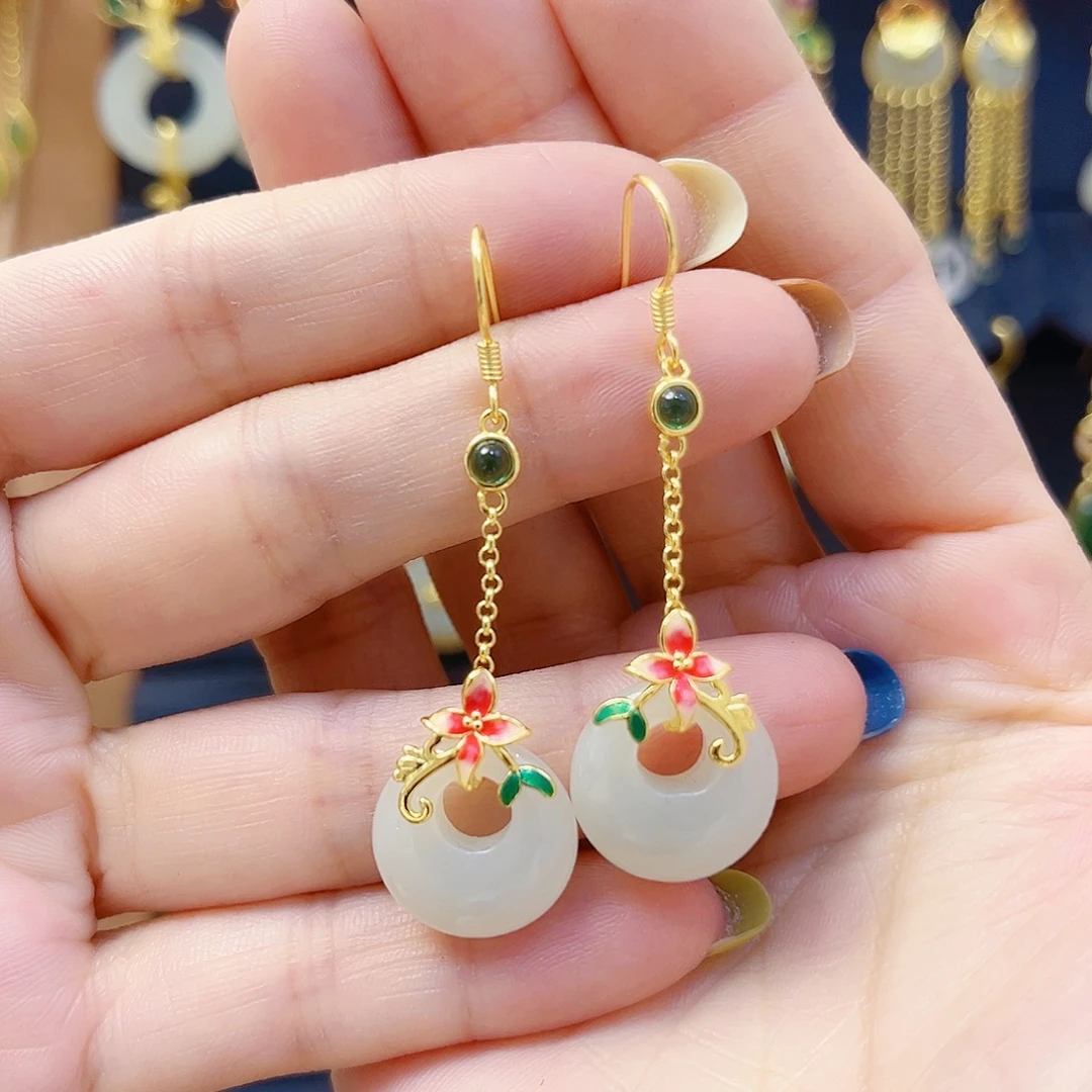 和田玉银S925镀金镶嵌耳饰