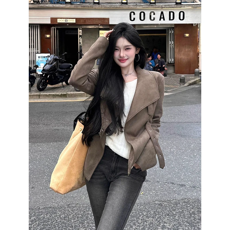 美拉德复古甜辣妹鹿皮绒短款外套女秋季美式大翻领氛围感机车夹克