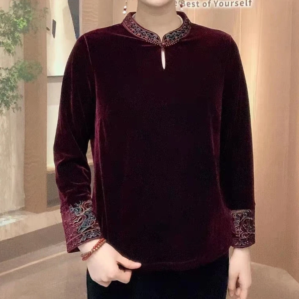 秋季国风中老年刺绣金丝绒立领宽松妈妈装小衫中式复古网红长袖