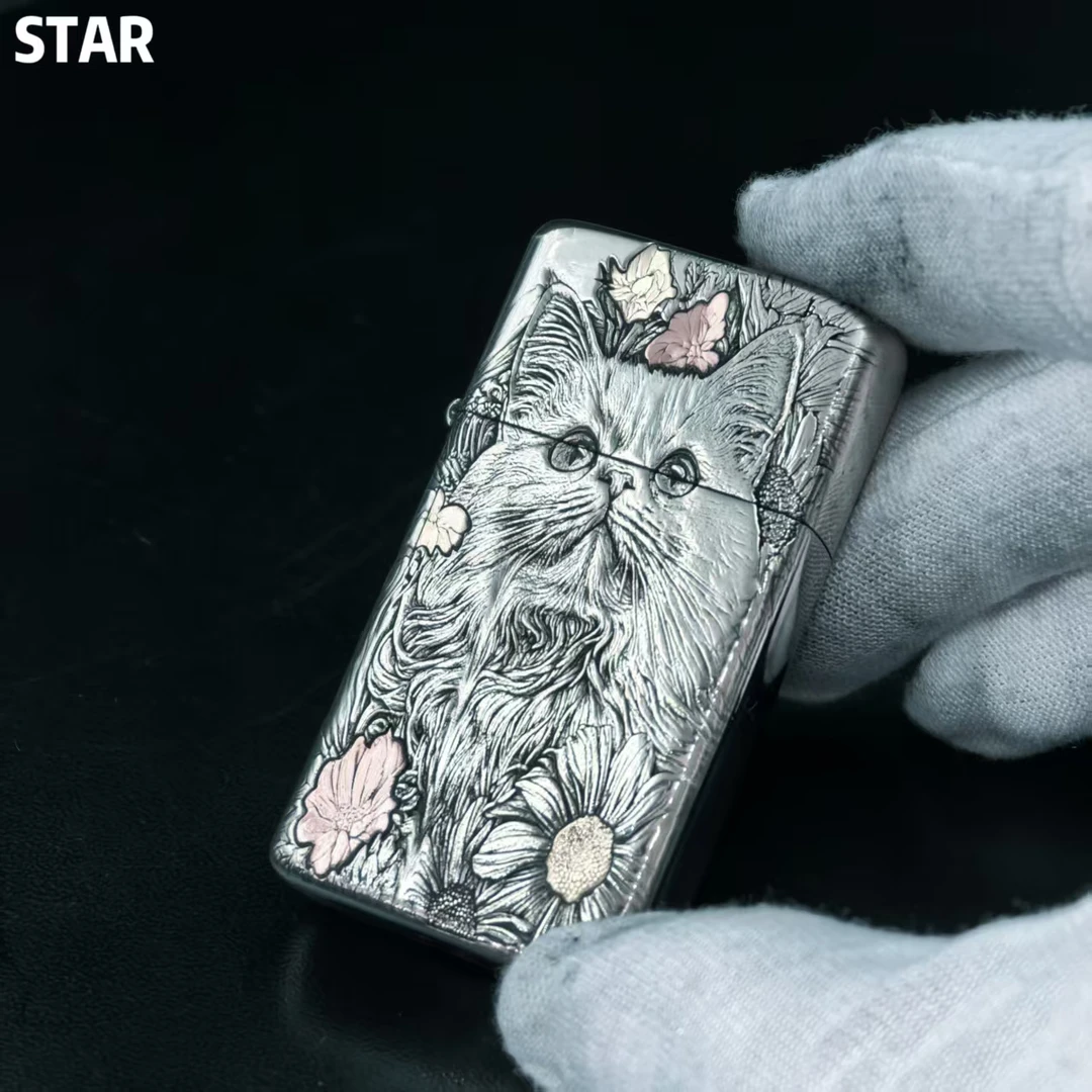 STAR恒星909S白铜盔甲镶嵌银喵花事煤油打火机