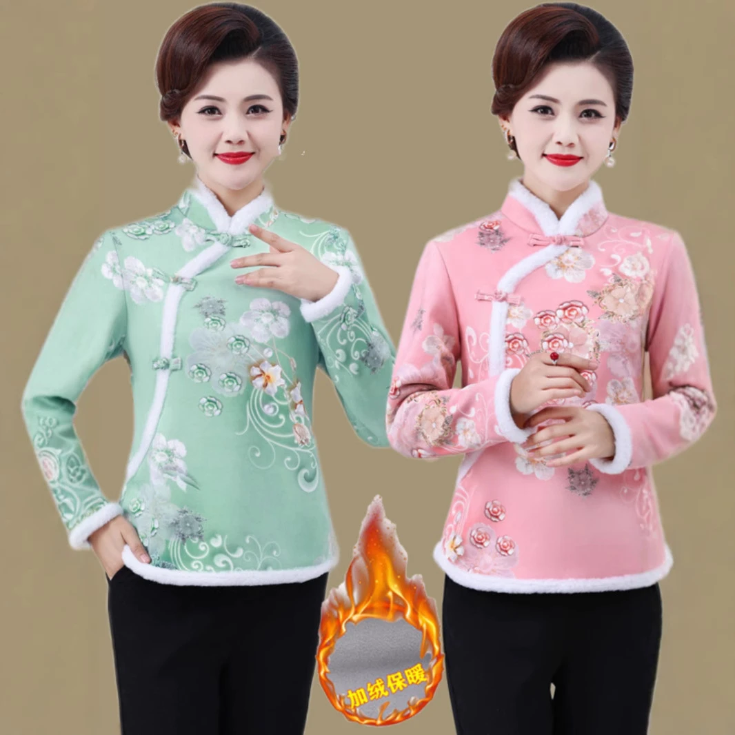 俞兆林妈妈民族风短款改良加绒旗袍上衣女复古立领盘扣唐装外套保