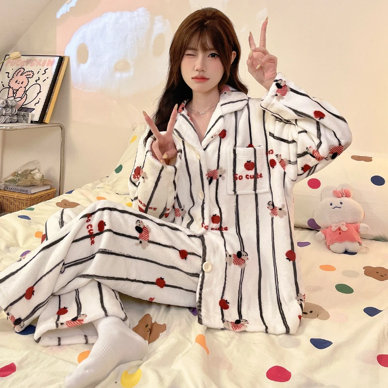 【苹果小狗】爆款睡衣女冬季加绒加厚保暖大码可外穿可爱家居服套装