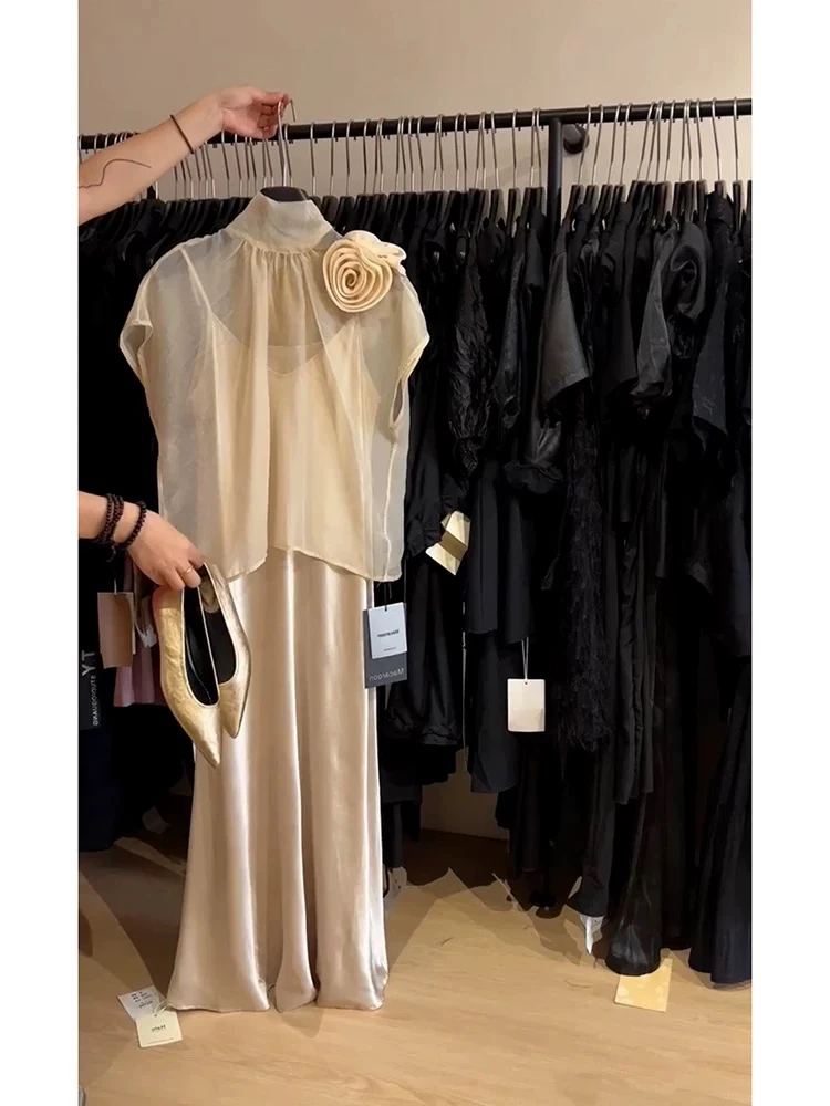 气质名媛女神范套装绝美杏色立体花朵衬衫醋酸吊带连衣裙女夏