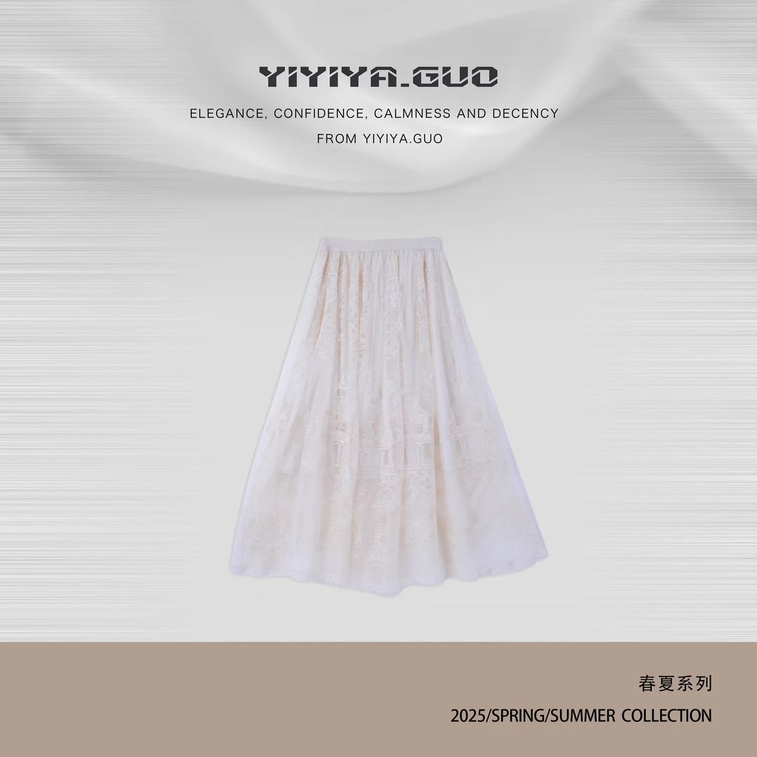 yiyiya.Guo艺艺吖白色亭台楼阁休闲百搭重工刺绣蕾丝半裙0715SS52