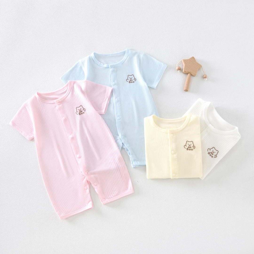 婴儿莫代尔夏款短袖连体衣薄款透气宝宝空调服哈衣爬服幼儿睡衣