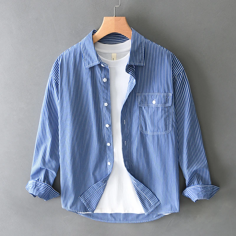 纽扣条纹长袖男春季方领纯棉衬衫简约基础大众男装衬衣复古上衣潮