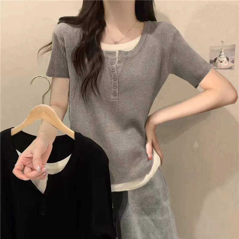 9077#美式纯欲风设计感拼接灰色假两件短袖上衣宽松不规则休闲T恤