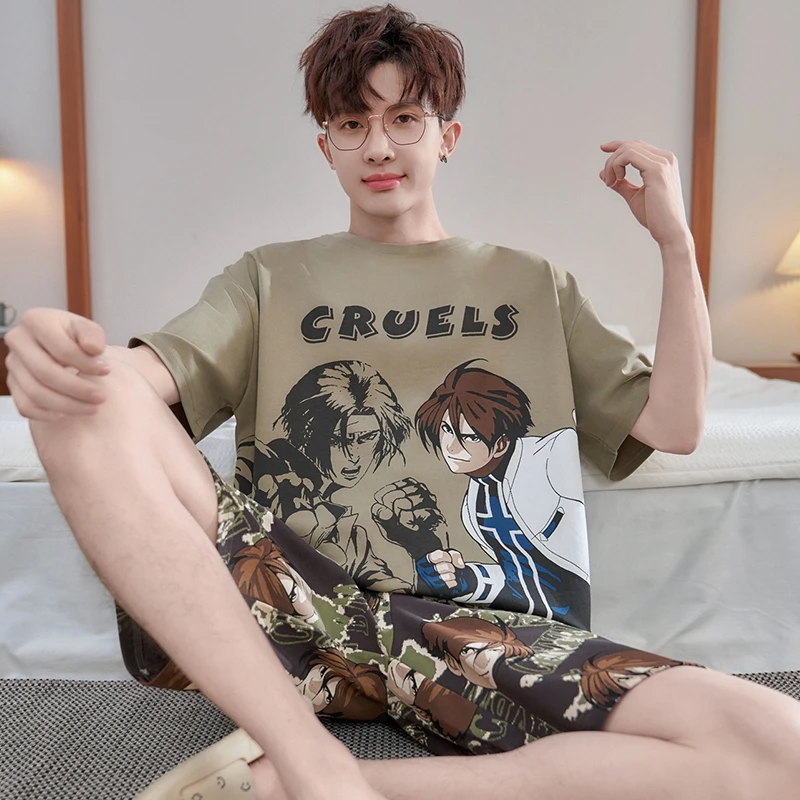 bejirog/北极绒睡衣男士纯棉夏季休闲风帅气动漫青少年卡通家居服