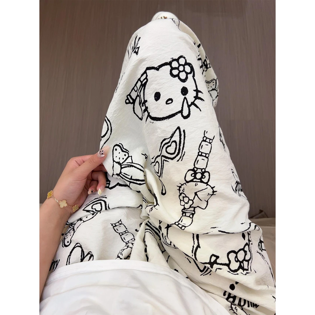 韩系甜美减龄卡通kitty猫印花高腰显瘦长裤睡裤女春夏新款家居裤