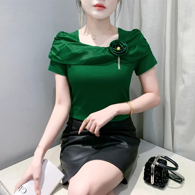 气质方领短袖T恤女装夏季新款时尚立体花朵上衣修身显瘦半袖体恤