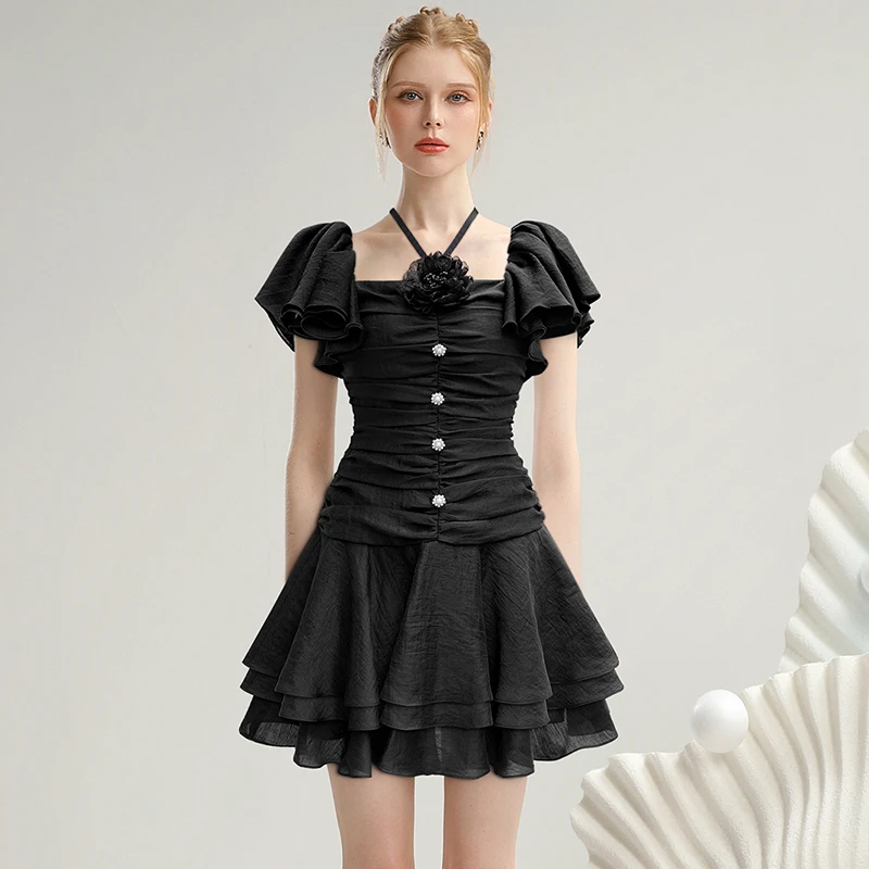 茬客夏季2025新款黑色褶皱收腰显瘦连衣裙CM710024