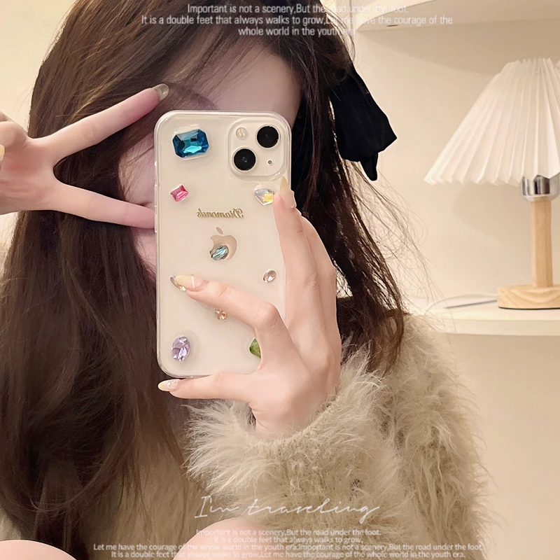 小众彩色水钻适用苹果15手机壳小米 OPPO vivo 华为 荣耀滴胶壳女