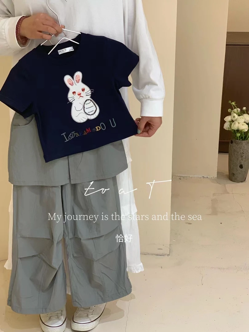 2025夏季爆款t恤贴布刺绣小兔子女童