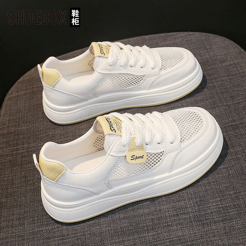 SHOEBOX鞋柜网面透气小白鞋女2025夏新款百搭ins厚底运动休闲板鞋