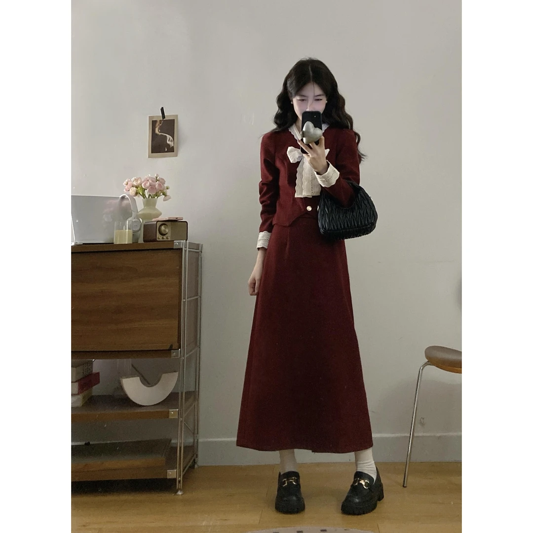 红色小香风上衣半身裙大码女装法式高级感结婚订婚回穿搭两件套