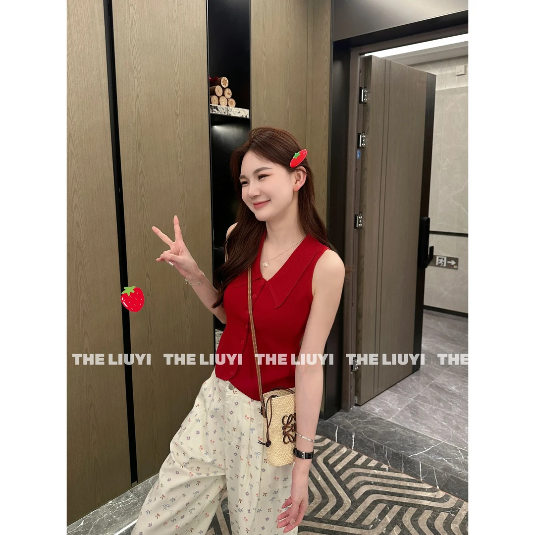 【LIUYI】热情岛屿~夏季韩系翻领无袖针织上衣55292