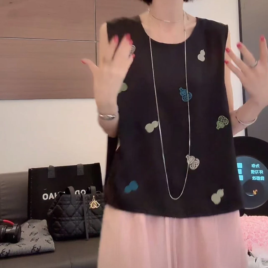 设计款葫芦刺绣时尚潮流休闲百搭宽松背心女2025夏季新款无袖上衣