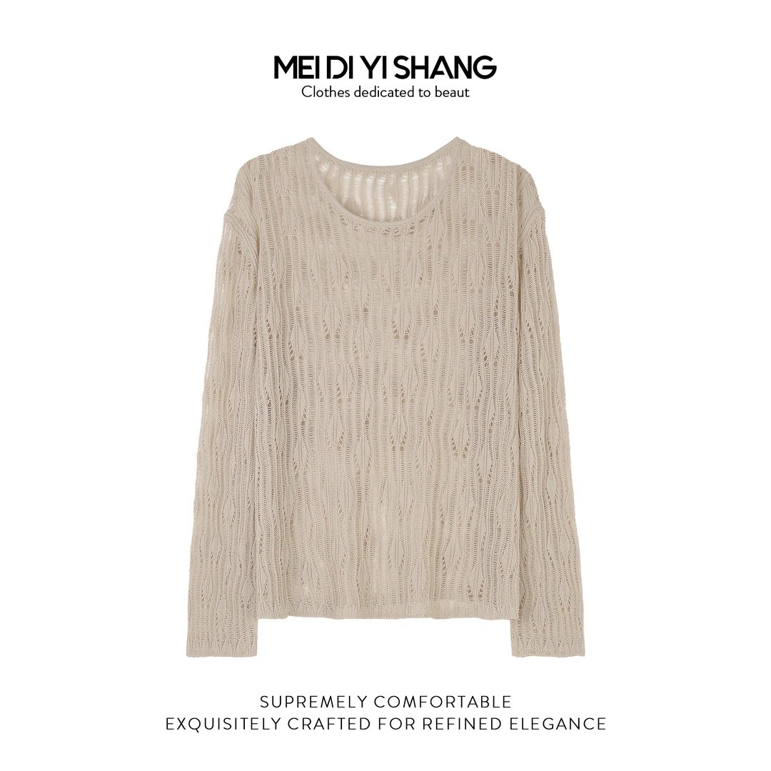 MDYS秋季新品高级时尚显瘦圆领百搭镂空长袖针织衫F008