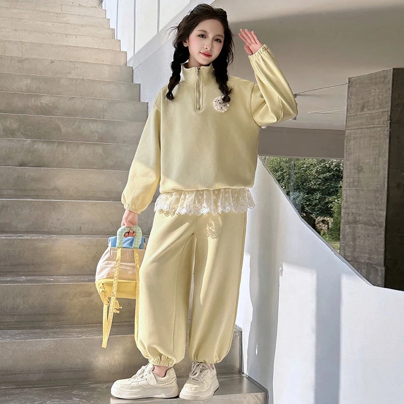 气质春装套装炸街2025新款儿童女孩蕾丝卫衣公主风春秋两件套洋气