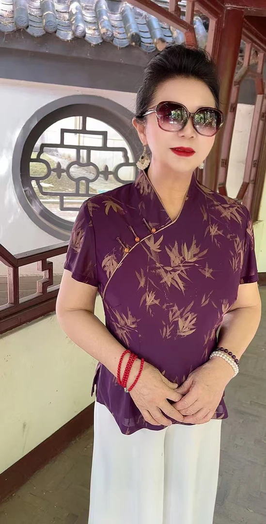 新款蕾丝紫竹林高弹力旗袍上衣