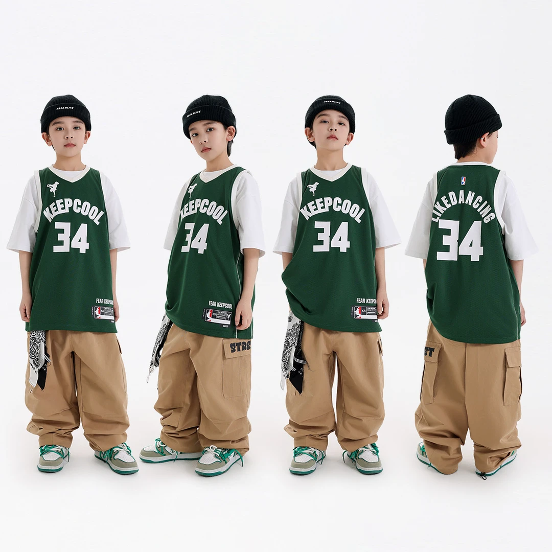 街舞服装潮牌儿童套装宽松球衣短袖少儿hiphop童装嘻哈街舞演出服
