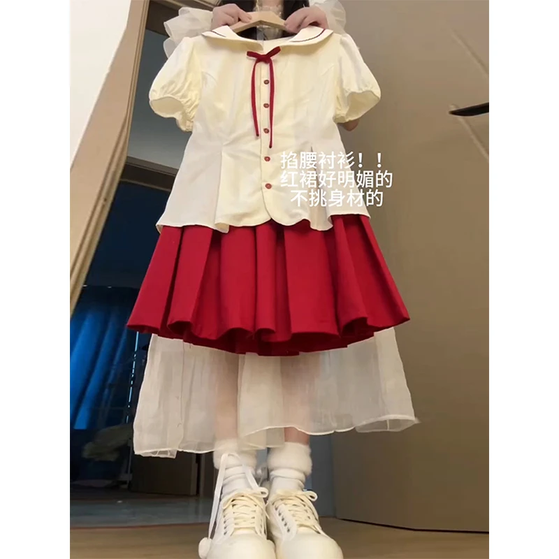 学院风甜美娃娃领撞色短袖衬衫红色百褶半身裙两件套装女夏季新款
