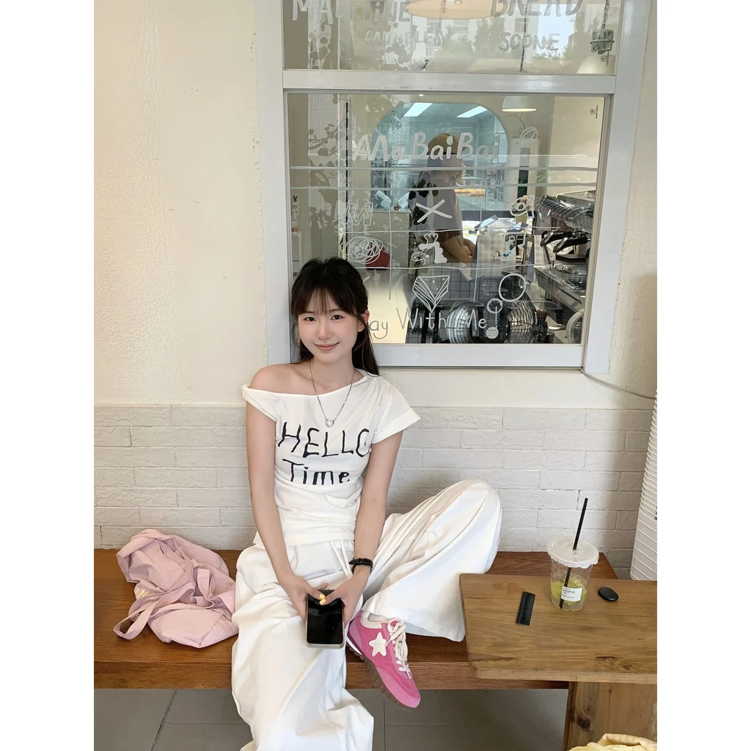 夏季新款短袖t恤女时尚洋气休闲服高级小众女装百搭减龄斜肩上衣