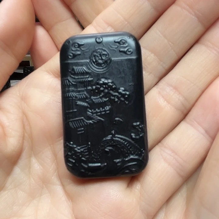 周***华和田玉（墨玉）未镶嵌颈饰山水牌