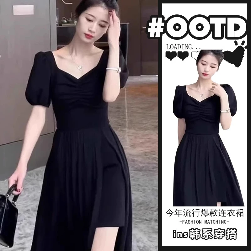 2025法式赫本风女装裙子夏季V领收腰黑色侧边开叉遮肉显瘦连衣裙
