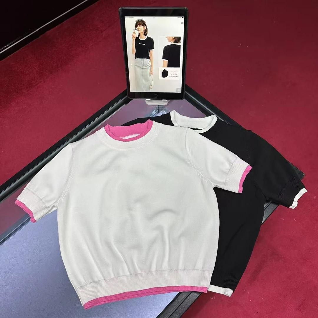 D611新款时尚休闲百搭撞色针织短袖毛衣运动圆领套头韩版