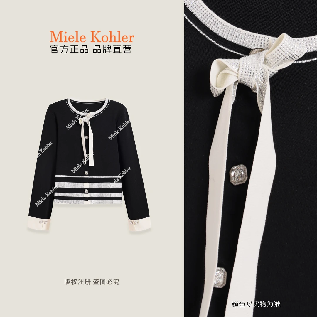 秋季新款复古撞色拼接蝴蝶结百搭女毛衣MKKQ36566【澳门小源同款】