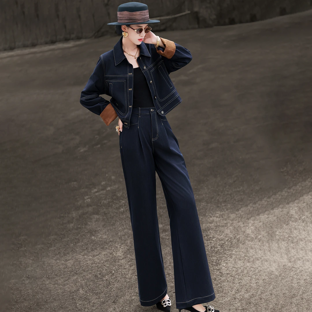 兰瑟儿秋季套装新款气质休闲牛仔撞色外套阔腿裤套装女105QO0978