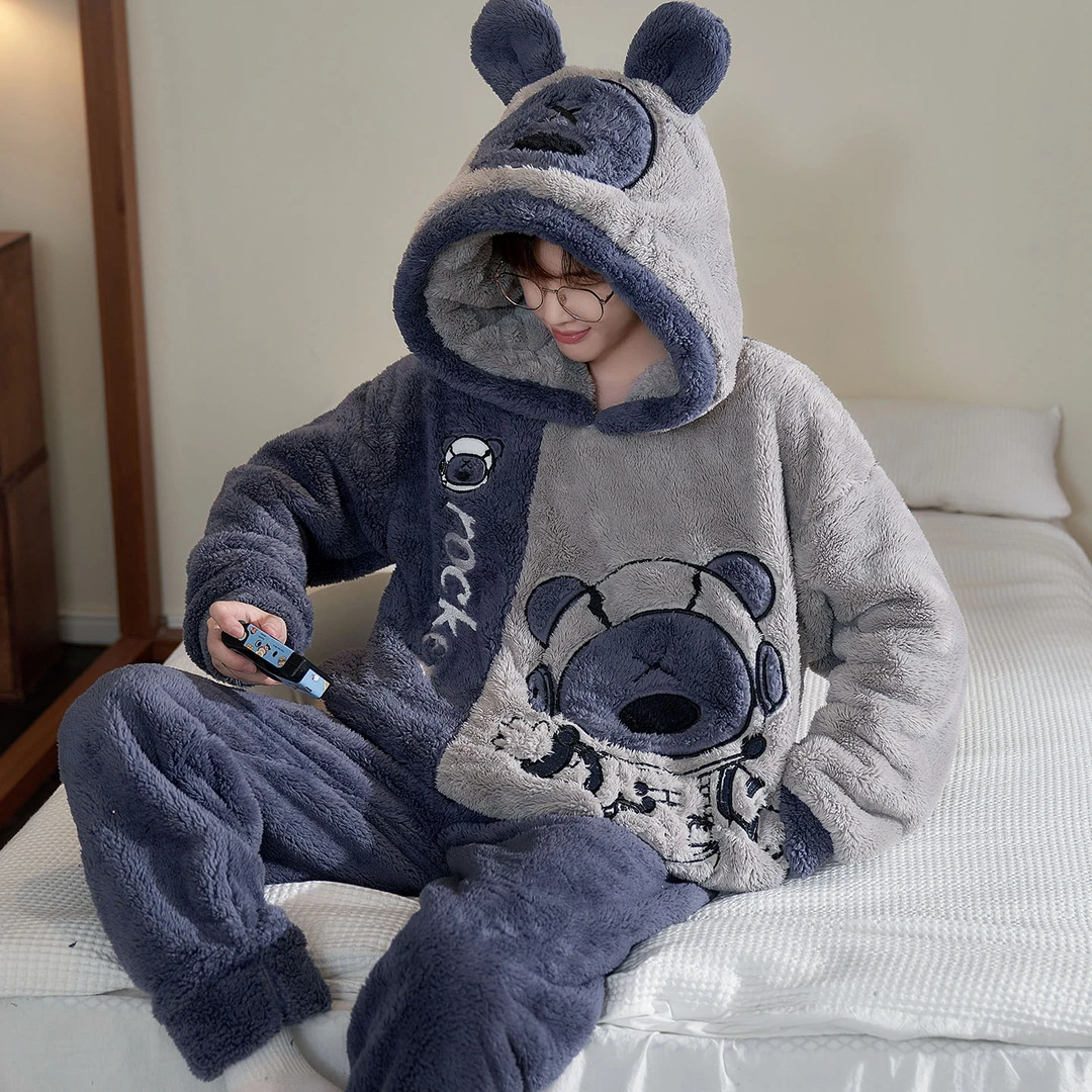 小熊睡衣男秋冬季新款加厚加绒珊瑚绒连帽加大码法兰绒家居服套装