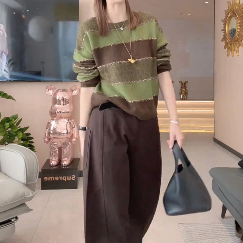 早秋撞色条纹长袖毛针织衫女装2025新款秋季时尚洋气时髦宽松上衣